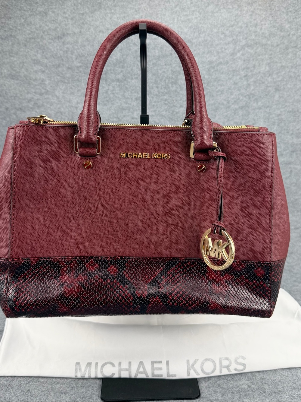 Michael Kors Sutton Large Satchel Burgundy Leather Snakeskin Trim Shoulder Bag